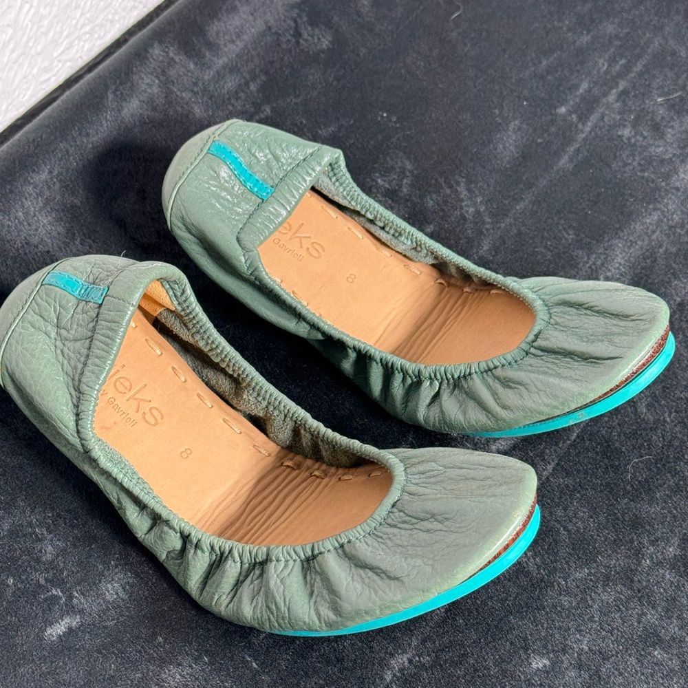 Tieks Women's Leather Ballet Flats in Sage Green with Teal Trim